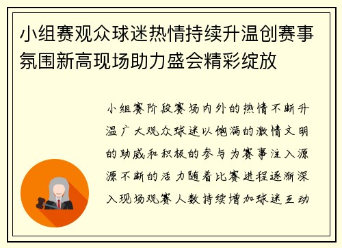 小组赛观众球迷热情持续升温创赛事氛围新高现场助力盛会精彩绽放